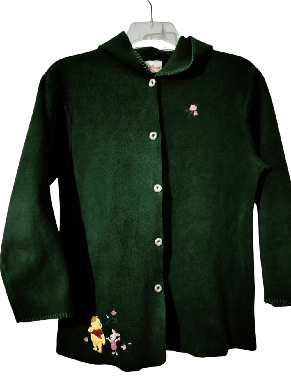 5848)Vtg 90s Disney Store M Green Winnie the Pooh Piglet Button Up Hooded Fleece